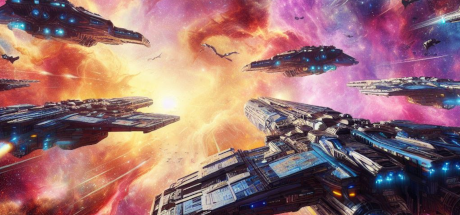 An armada of battleships in a vibrant space nebula heading towards a common goal